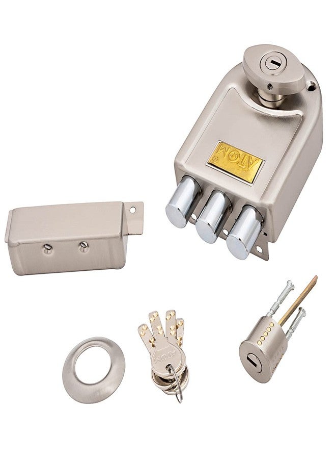 Atom Tri Bolt Main Door Lock with 4 Reversible Brass Keys | Silver Stain Finish, 12 x 9.5 x 3 cm | Heavy Duty Deadbolt Door Lock, Best Suitable for Double & Single Doors and Can Be Operated from Both Sides of Door, ML003 - Image 1